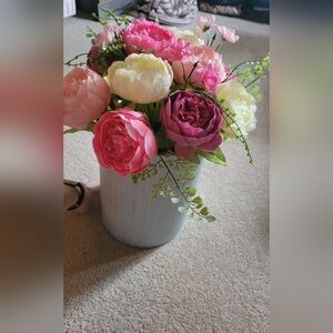 New artificial peony flowers in tin vase w/ string lights inside.